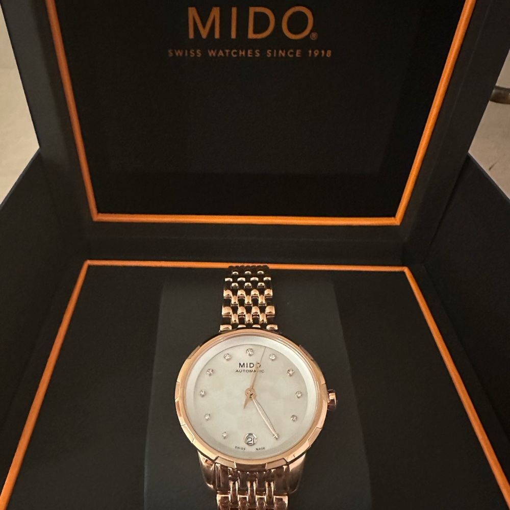 Women’s mido rainflower automatic watch in rose gold color with diamonds